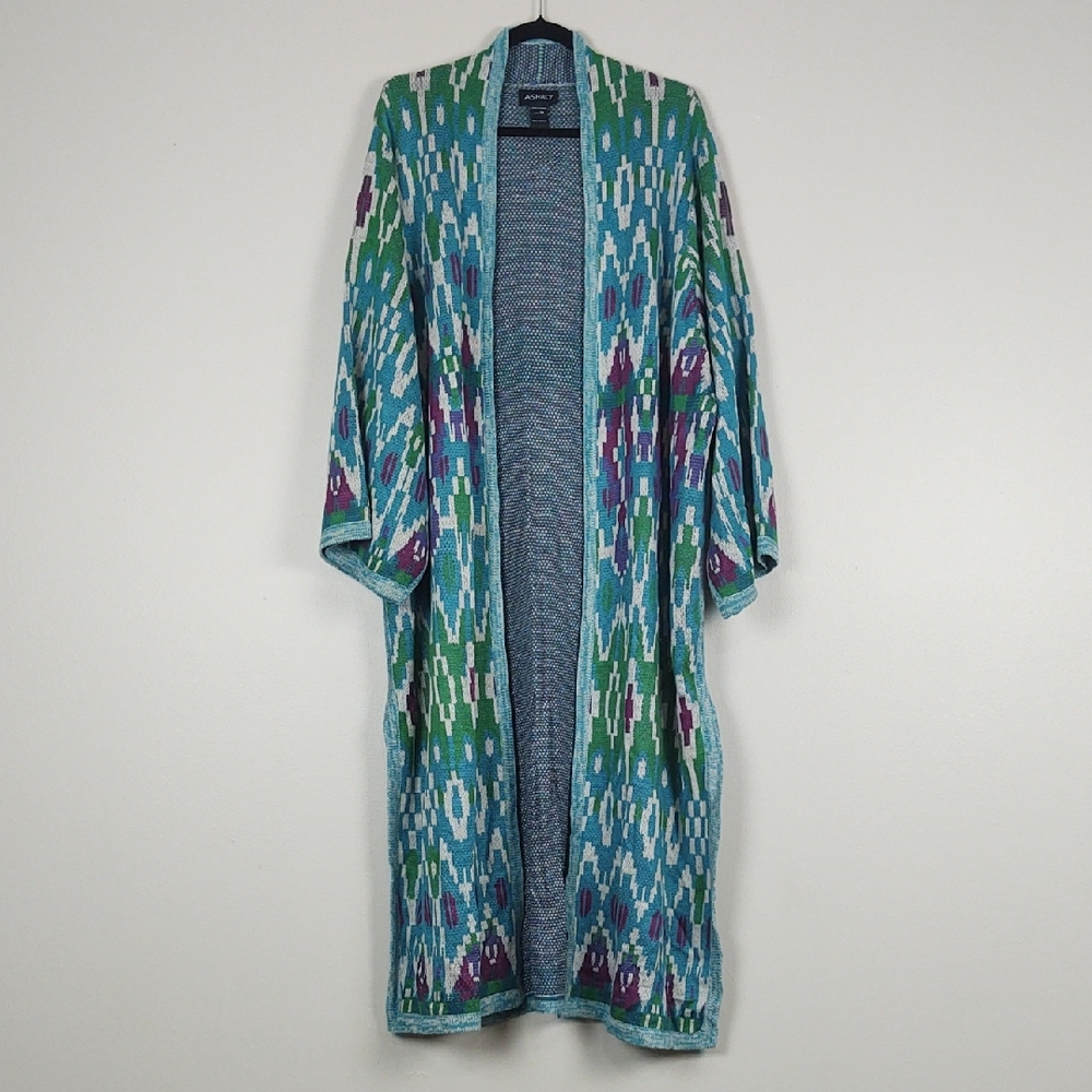 Ashro Knit Kimono Long Cardigan Duster Plus 2X Southwestern Boho Tribal Gypset